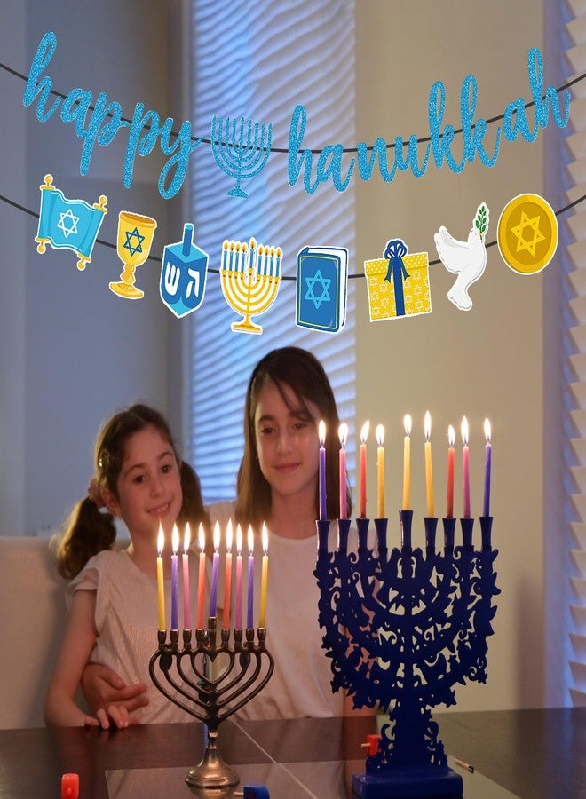 Lucleag 2Pcs Happy Hanukkah Banner, Menorah Pigeon Star Chanukah Banner for Hanukkah Party Supplies, Chanukah Photo Props Backdrops for Hanukkah Fireplace Door Wall Decorations - Image 4